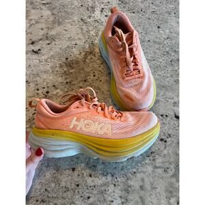Hoka One Bondi 8 Running Shoes Coral and Yellow 6